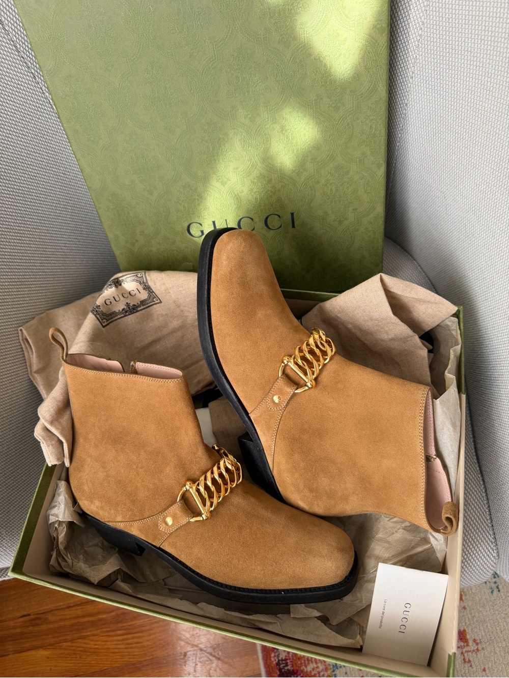 Gucci Camel Suede Ankle Boots with Gold Chain 39 1/2